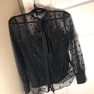 JCrew black poka dot sheer sleeved blouse